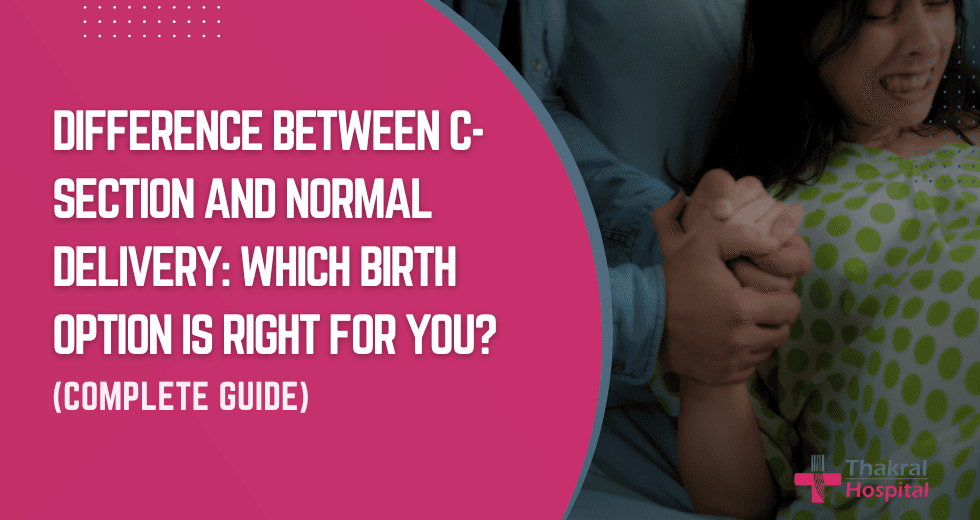 A woman in labor holding her partner's hand during childbirth at Thakral Hospital, illustrating the choice between C-section and normal delivery.