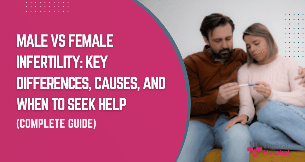 Couple sitting together looking at a pregnancy test with worried expressions, illustrating the topic Male vs Female Infertility: Key Differences, Causes, and When to Seek Help for Thakral Hospital.